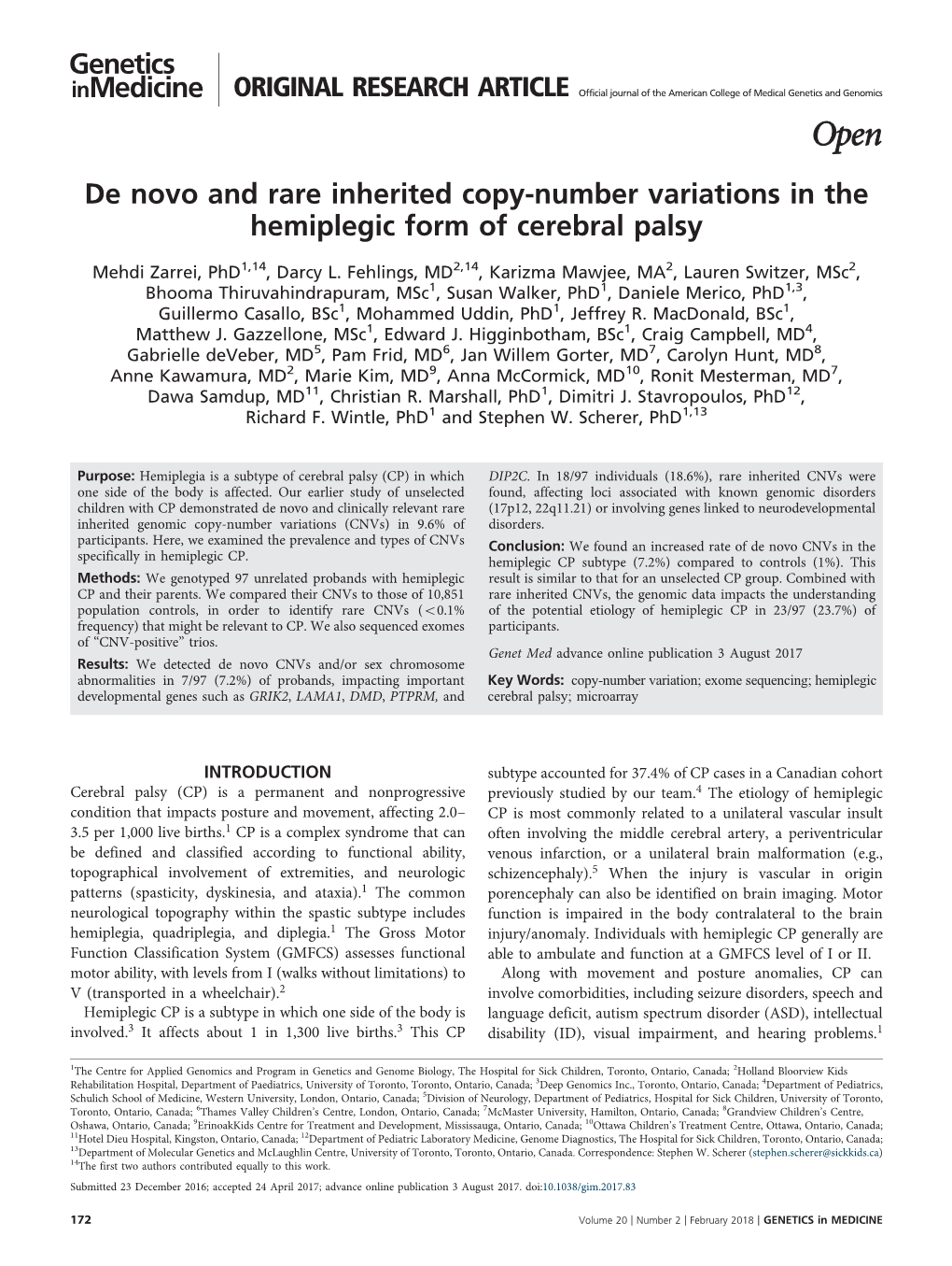 De Novo and Rare Inherited Copy-Number Variations in the Hemiplegic Form of Cerebral Palsy