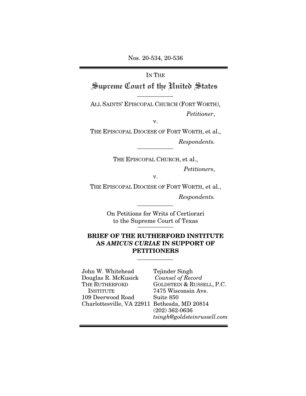 Rutherford Institute As Amicus Curiae in Support of Petitioners