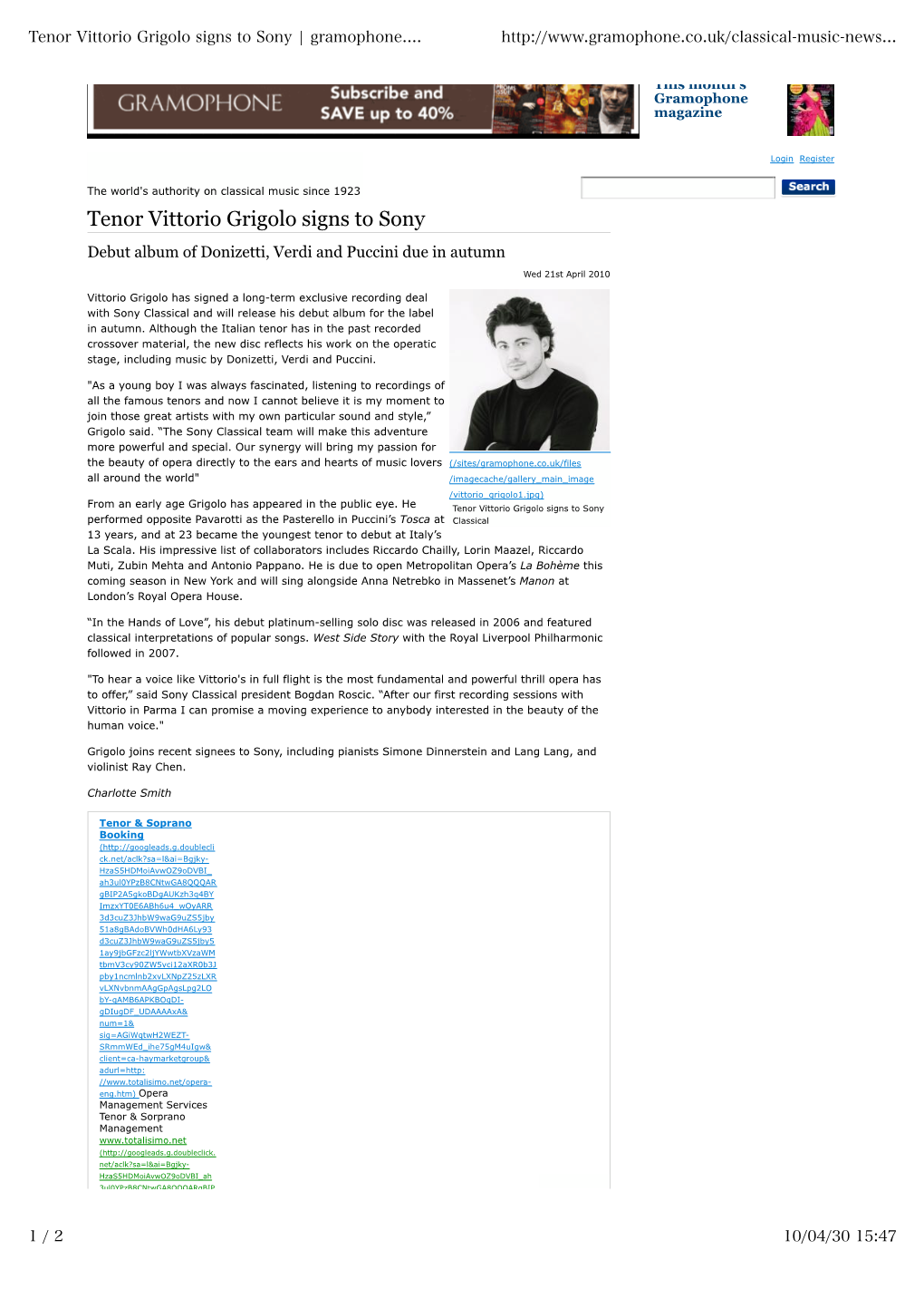 Tenor Vittorio Grigolo Signs to Sony | Gramophone.Co.Uk