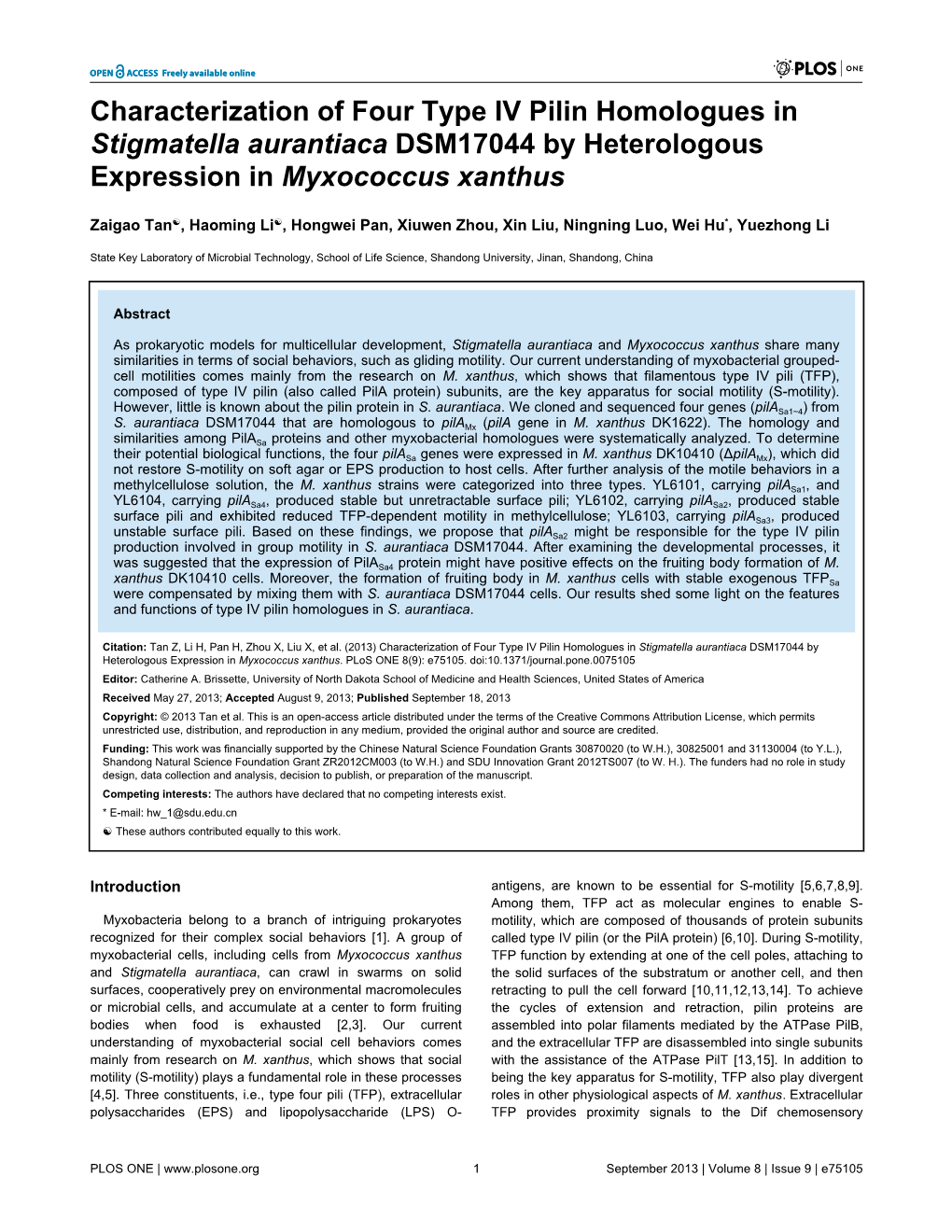 Characterization of Four Type IV Pilin Homologues in Stigmatella Aurantiaca DSM17044 by Heterologous Expression in Myxococcus Xanthus