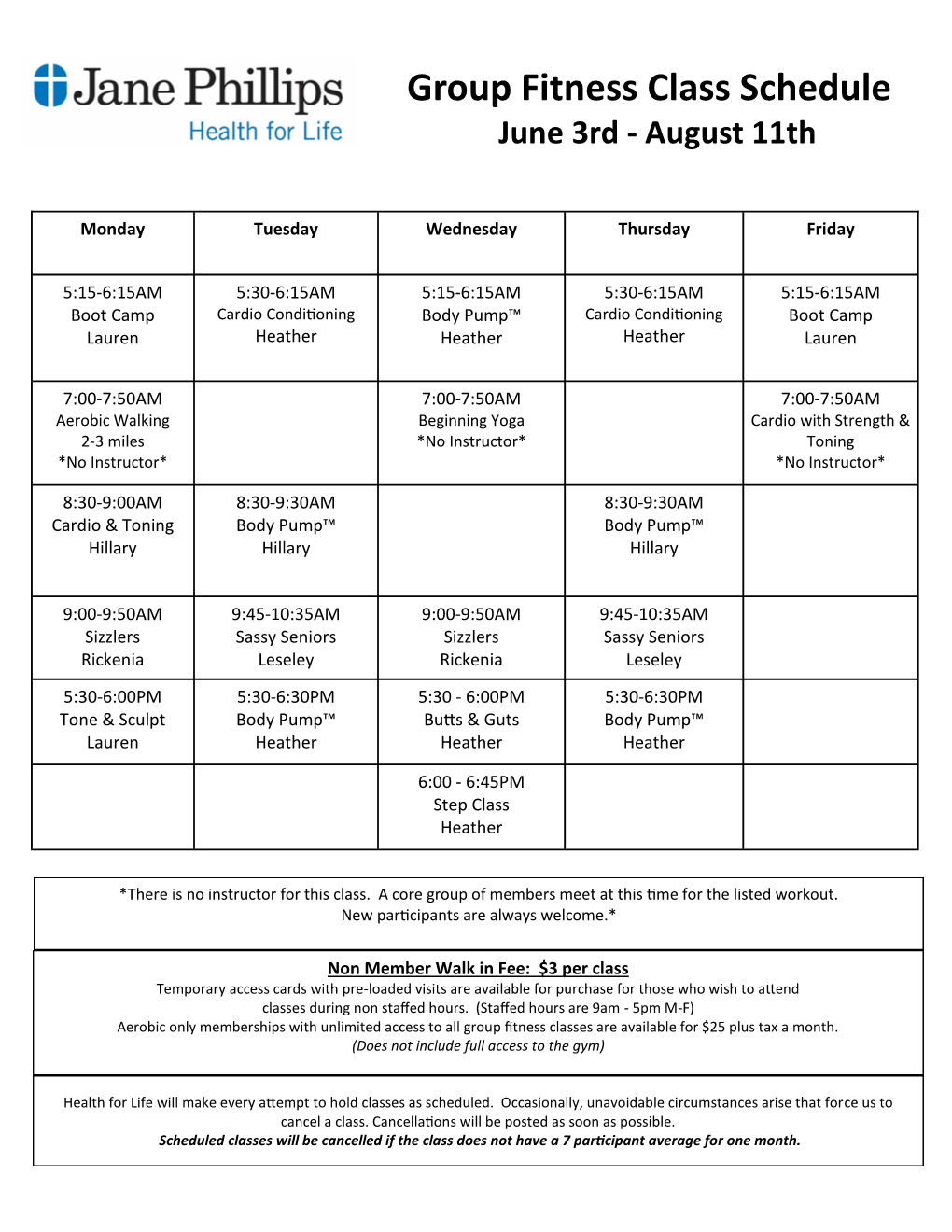 Group Fitness Class Schedule June 3Rd - August 11Th