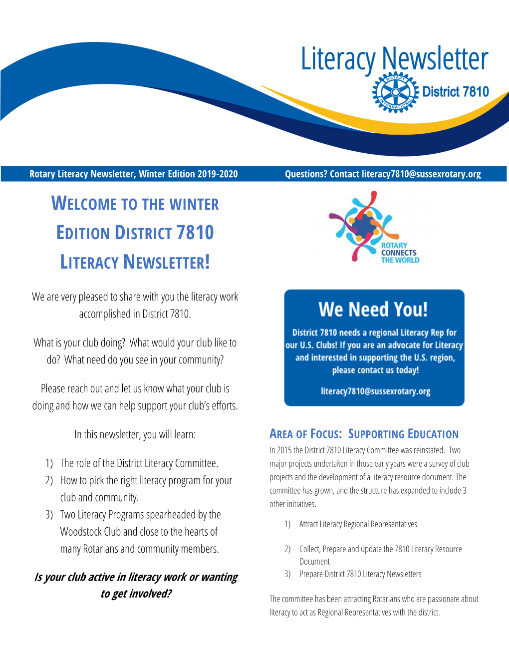Welcome to the Winter Edition District 7810 Literacy Newsletter!