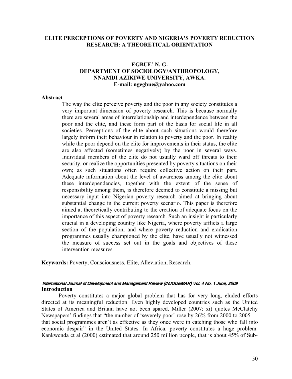 50 Elite Perceptions of Poverty and Nigeria's Poverty Reduction Research: a Theoretical Orientation Egbue' N. G. Department