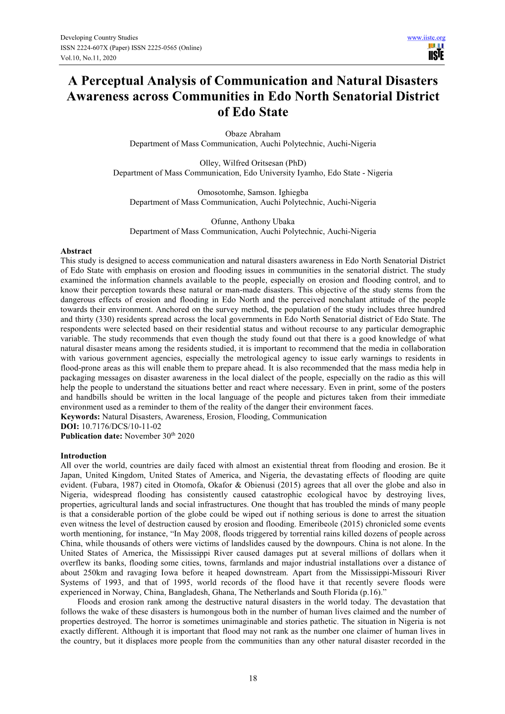 A Perceptual Analysis of Communication and Natural Disasters Awareness Across Communities in Edo North Senatorial District of Edo State