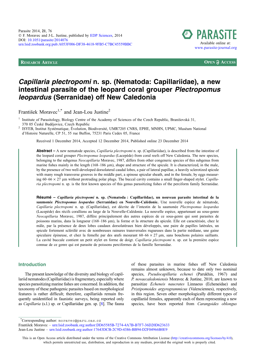 Nematoda: Capillariidae), a New Intestinal Parasite of the Leopard Coral Grouper Plectropomus Leopardus (Serranidae) Off New Caledonia