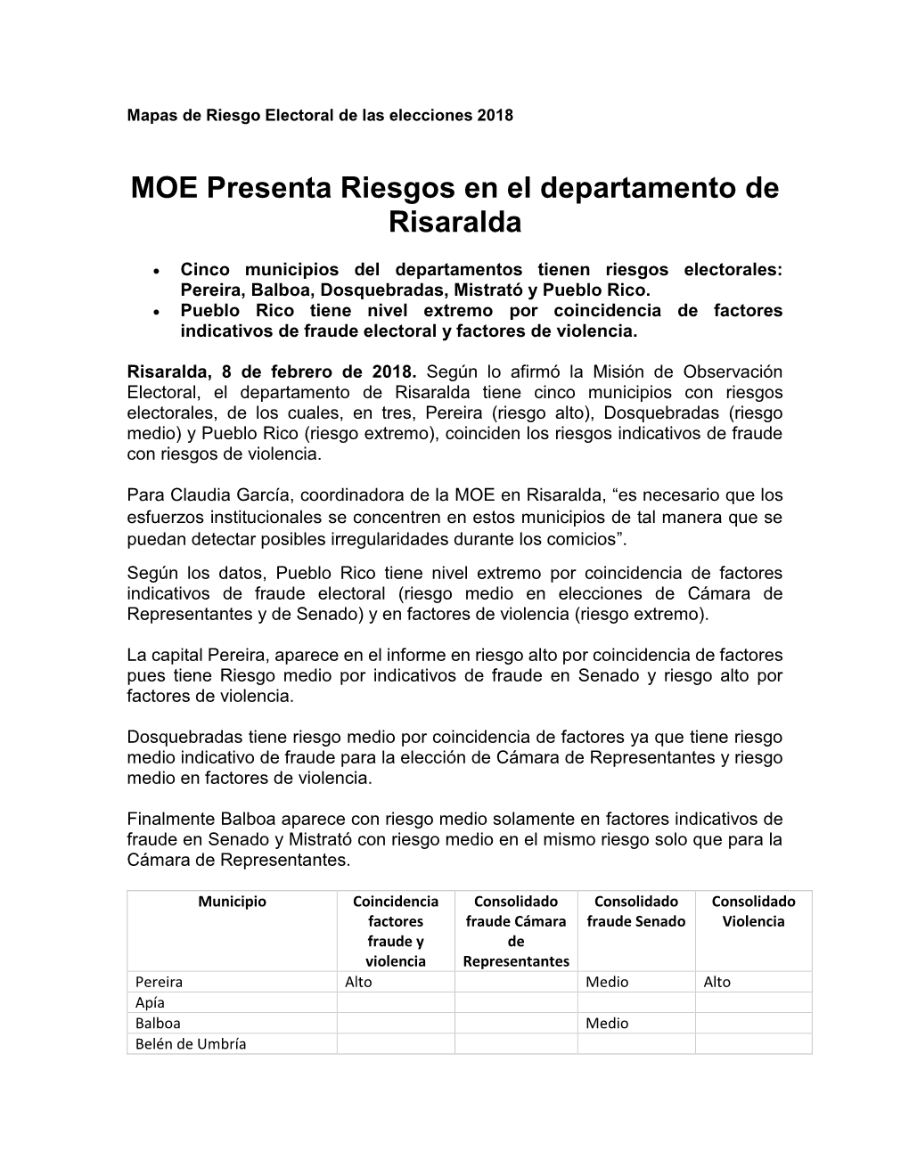 MOE Presenta Riesgos En El Departamento De Risaralda