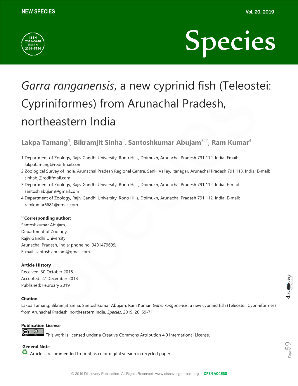 Garra Ranganensis, a New Cyprinid Fish (Teleostei: Cypriniformes) from Arunachal Pradesh, Northeastern India