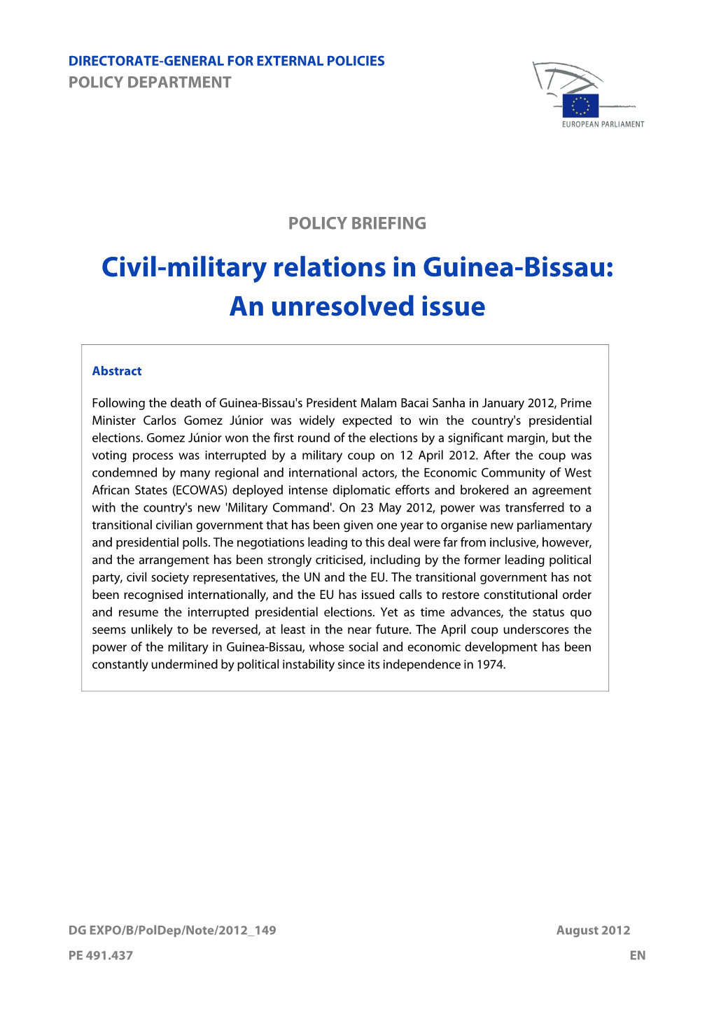 Civil-Military Relations in Guinea-Bissau: an Unresolved Issue