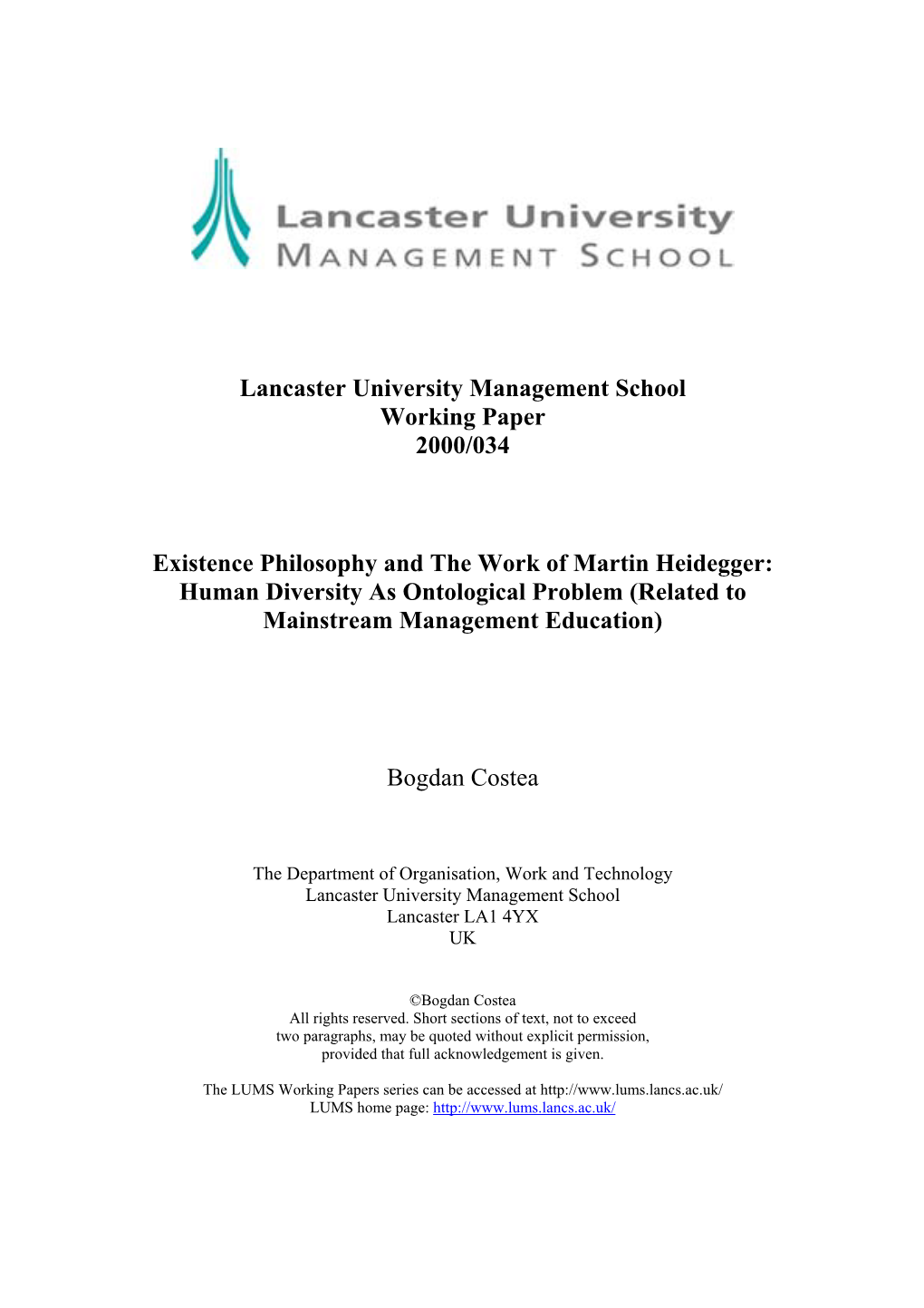 Existence Philosophy and the Work of Martin Heidegger: Human Diversity As Ontological Problem (Related to Mainstream Management Education)