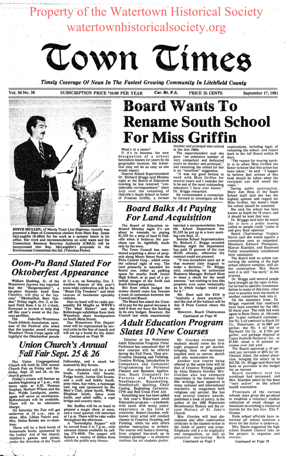 Board Wants to Rename South School for Miss Griffin