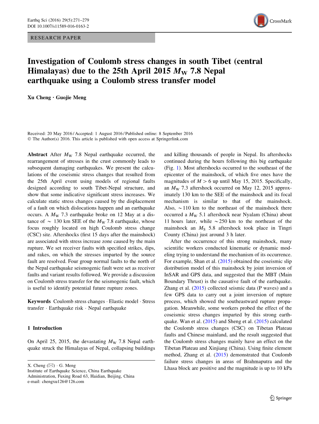 Investigation of Coulomb Stress Changes in South Tibet (Central Himalayas) Due to the 25Th April 2015 MW 7.8 Nepal Earthquake Using a Coulomb Stress Transfer Model