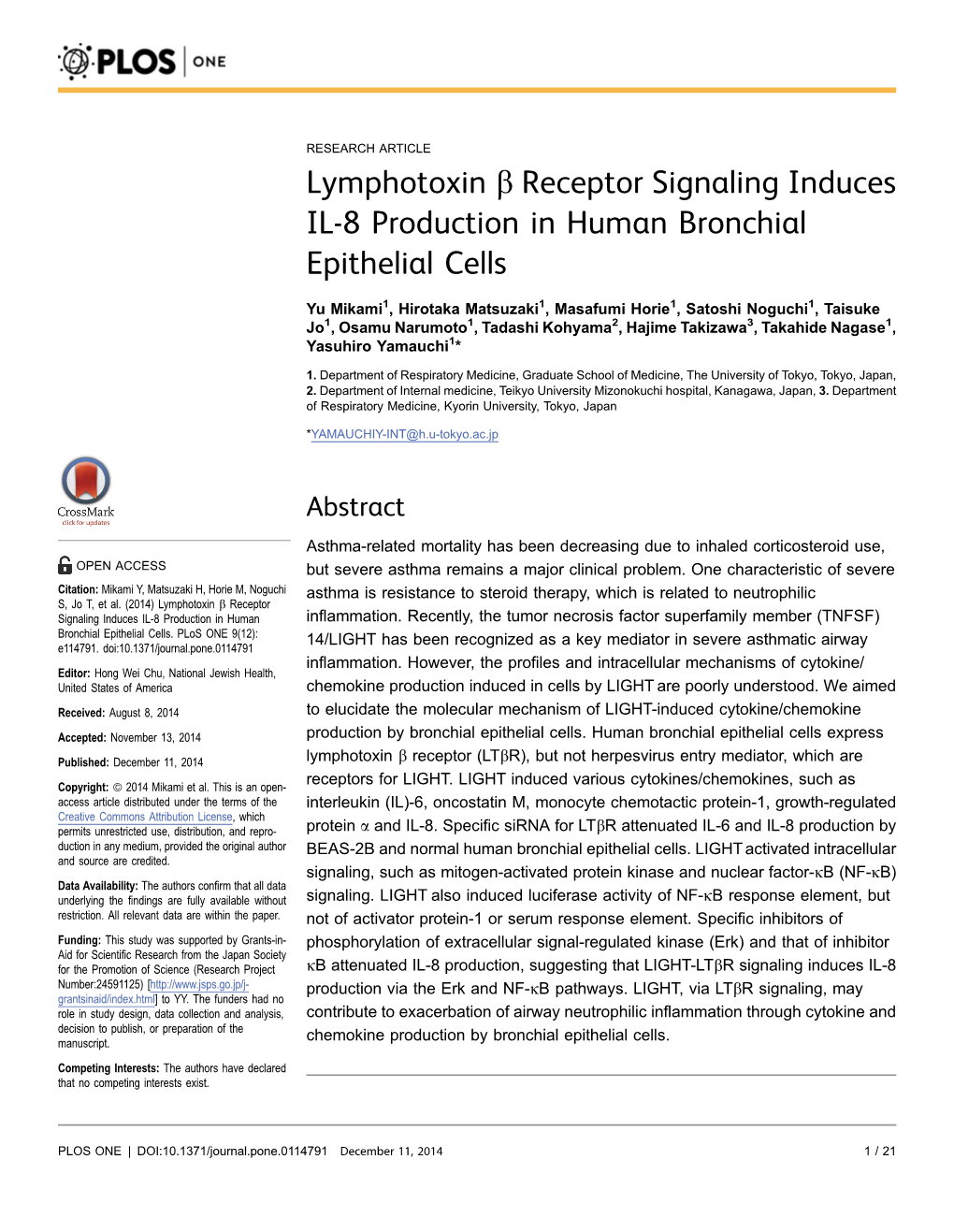 Lymphotoxin B Receptor Signaling Induces IL-8 Production in Human Bronchial Epithelial Cells