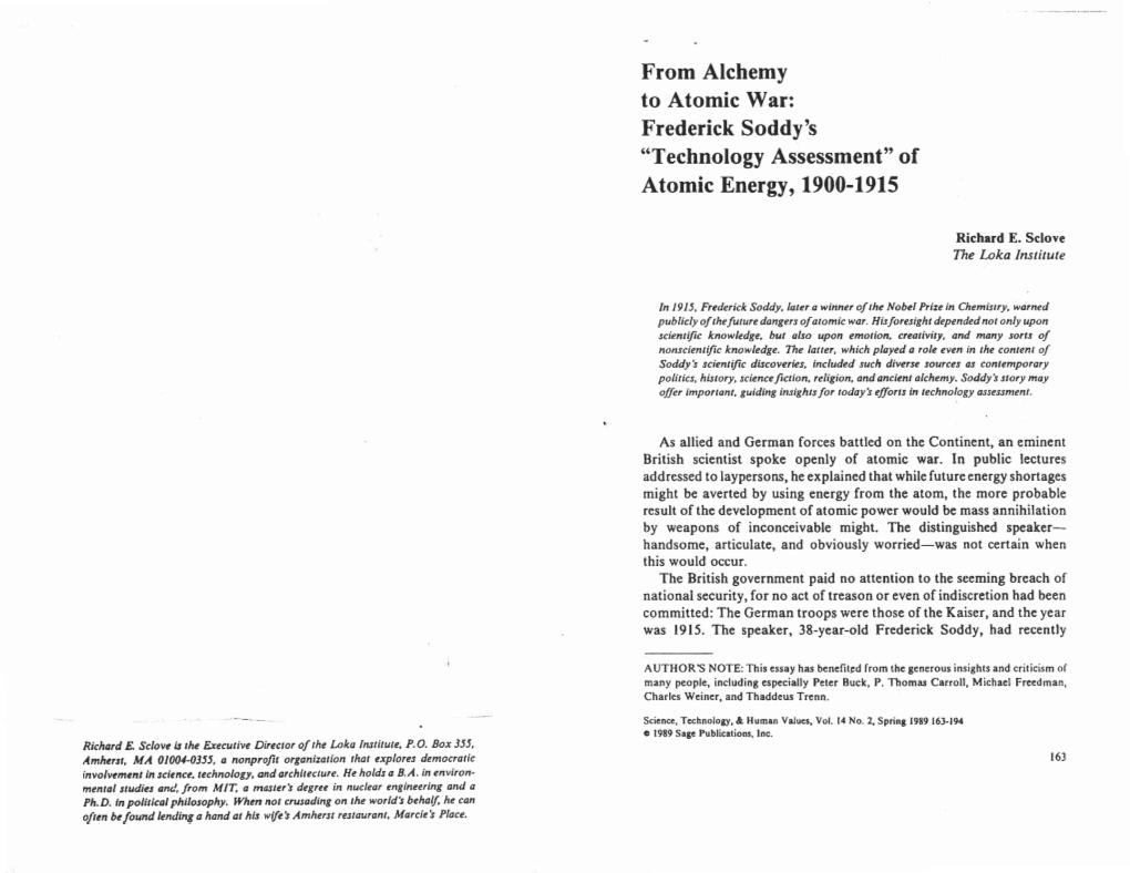 From Alchemy to Atomic War: Frederick Soddy's "Technology Assessment" of Atomic Bnergy, 1900-1915