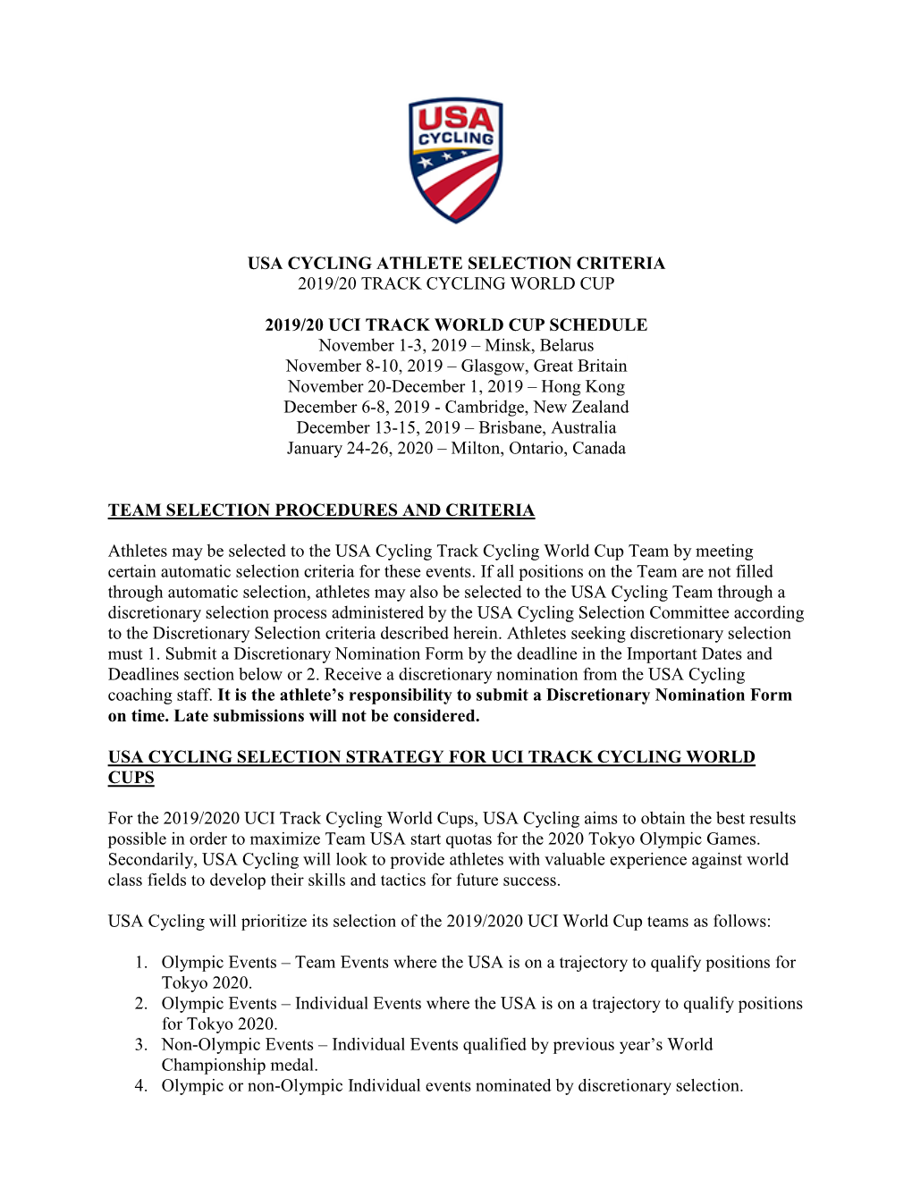 Usa Cycling Athlete Selection Criteria 2019/20 Track Cycling World Cup