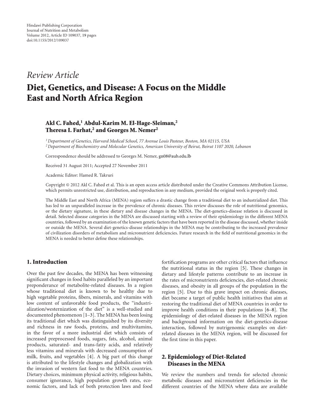 Diet, Genetics, and Disease: a Focus on the Middle East and North Africa Region