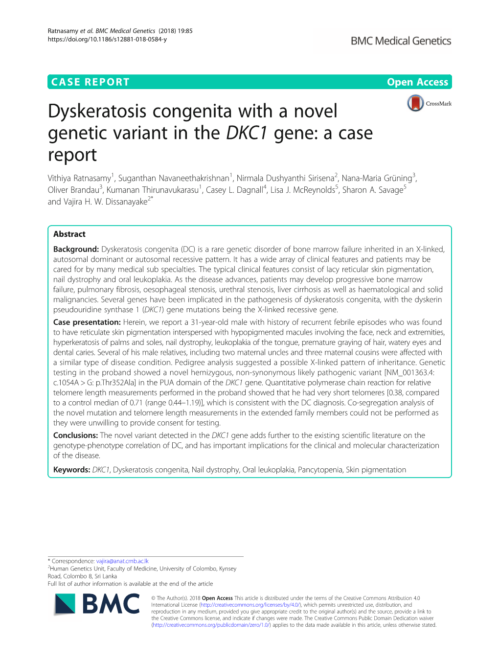 Dyskeratosis Congenita with a Novel Genetic Variant in the DKC1 Gene