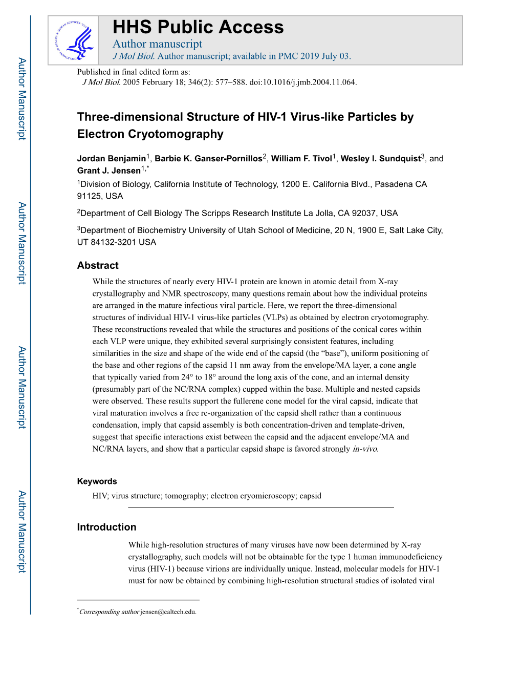 Three-Dimensional Structure of HIV-1 Virus-Like Particles by Electron Cryotomography