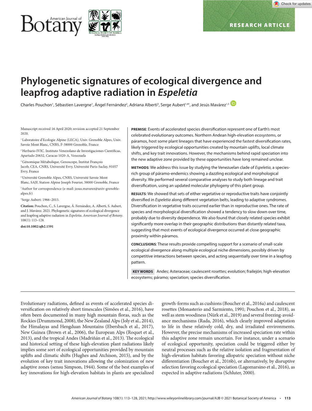 Phylogenetic Signatures of Ecological Divergence and Leapfrog Adaptive Radiation in Espeletia