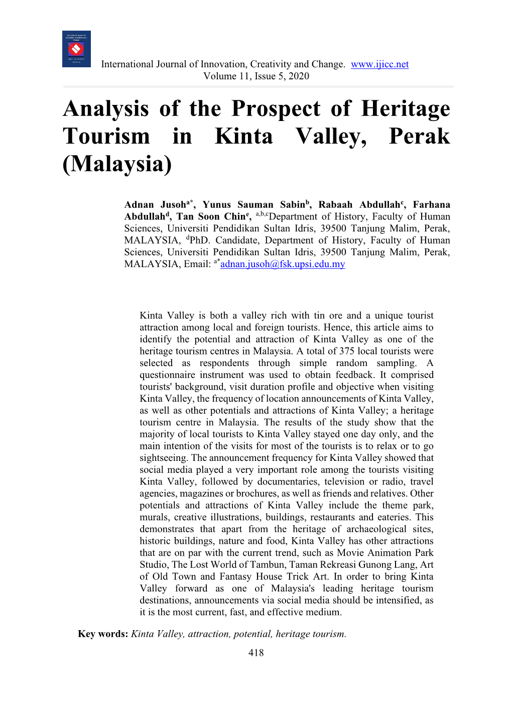 Analysis of the Prospect of Heritage Tourism in Kinta Valley, Perak (Malaysia)