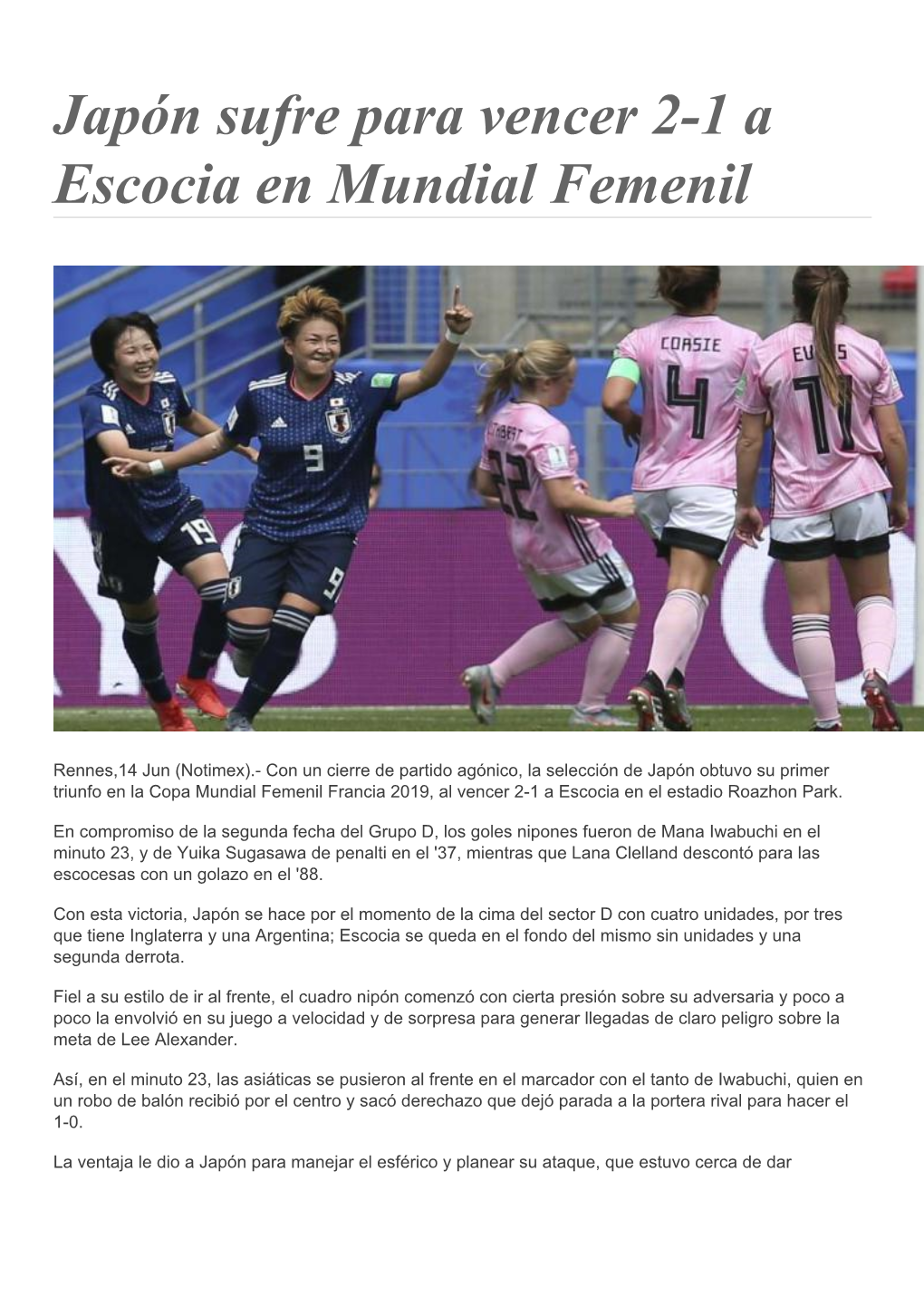 Japón Sufre Para Vencer 2-1 a Escocia En Mundial Femenil