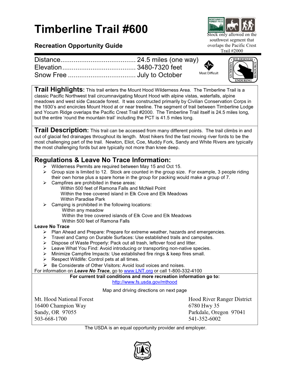 Timberline Trail #600 Stock Only Allowed on the Southwest Segment That Recreation Opportunity Guide Overlaps the Pacific Crest Trail #2000