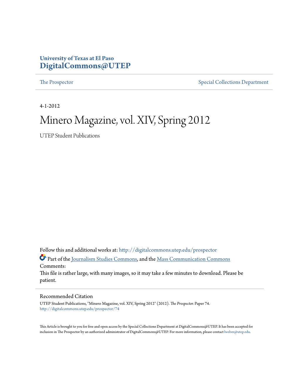 Minero Magazine, Vol. XIV, Spring 2012 UTEP Student Publications