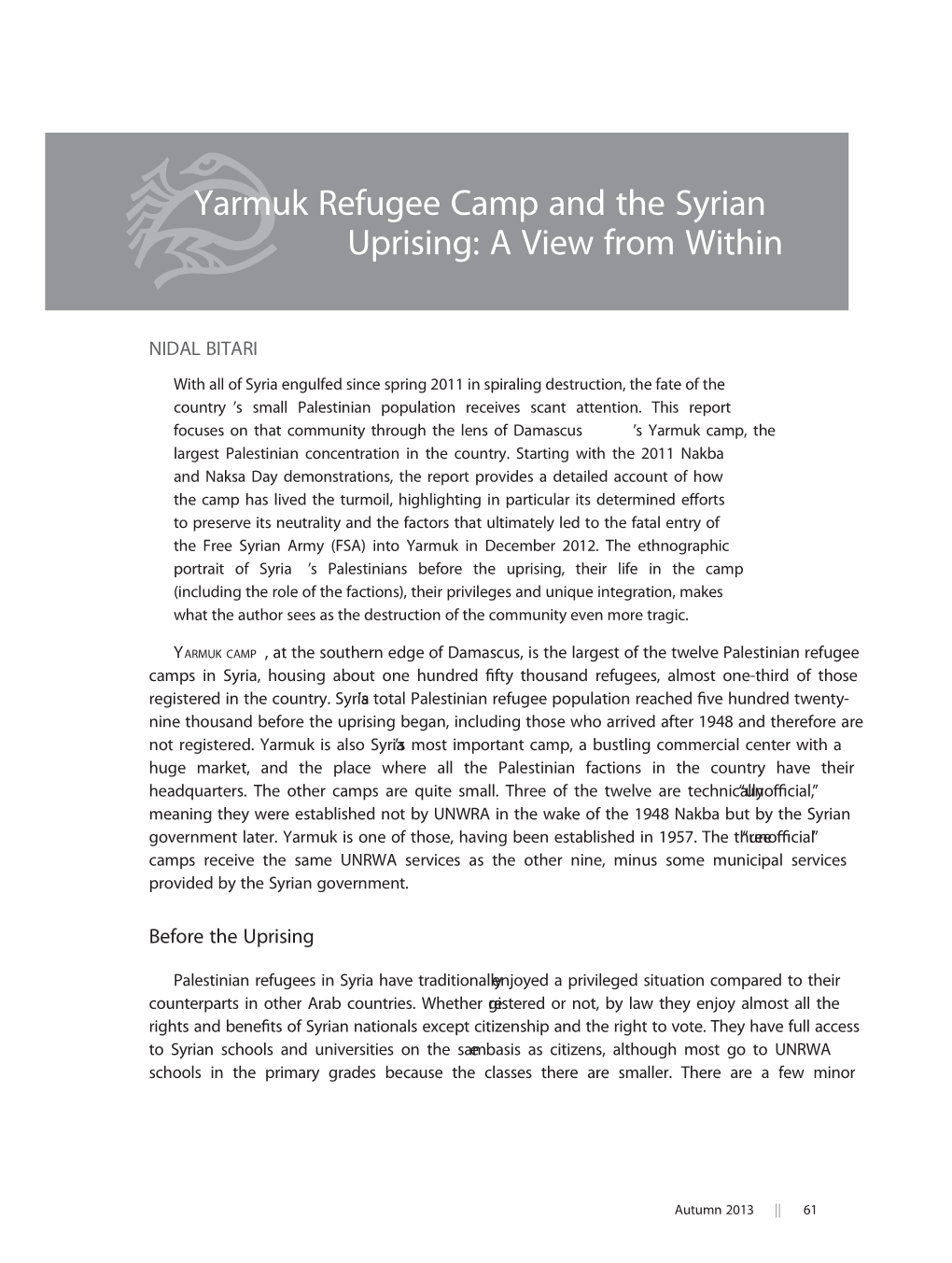 Yarmuk Refugee Camp and the Syrian Uprising: a View from Within