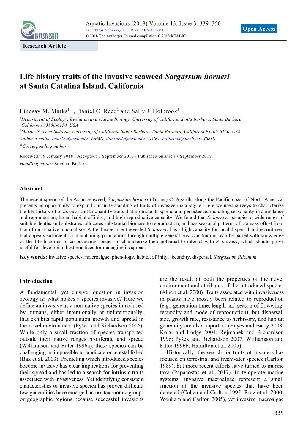 Life History Traits of the Invasive Seaweed Sargassum Horneri at Santa Catalina Island, California