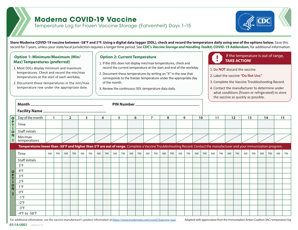 Moderna COVID-19 Vaccine Temperature Log (Fahrenheit)