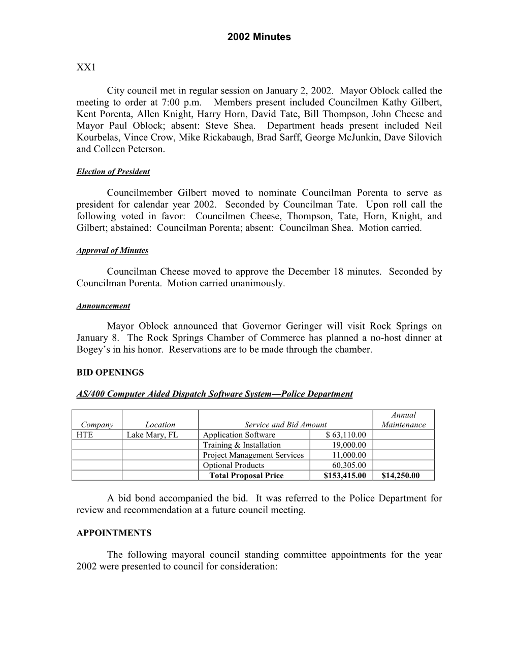 2002 Minutes XX1 City Council Met in Regular Session on January 2, 2002