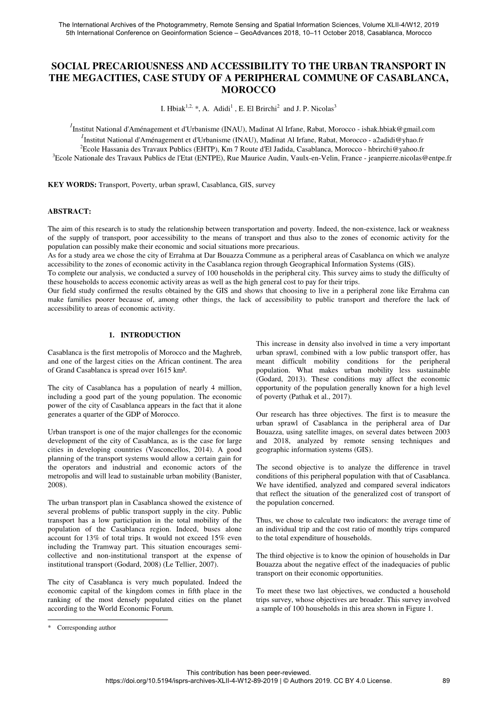 Social Precariousness and Accessibility to the Urban Transport in the Megacities, Case Study of a Peripheral Commune of Casablanca, Morocco