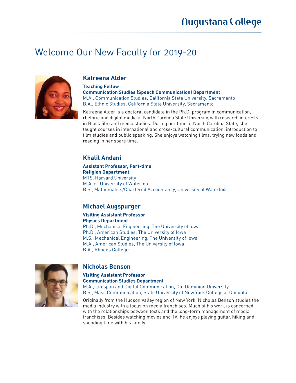 Welcome Our New Faculty for 2019-20