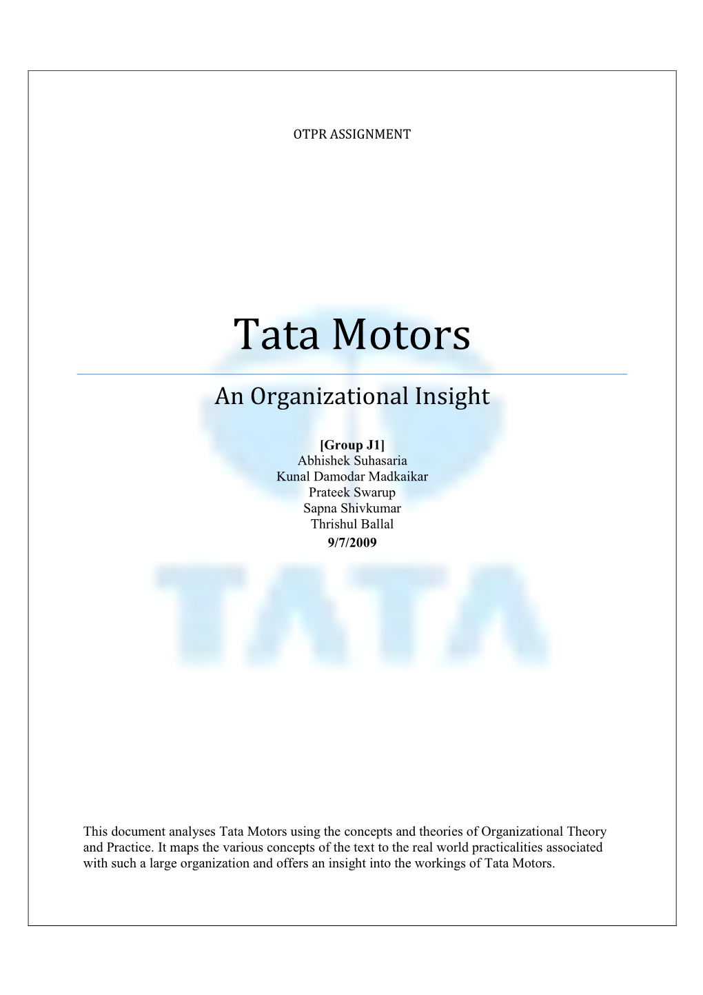 Tata Motors an Organizational Insight