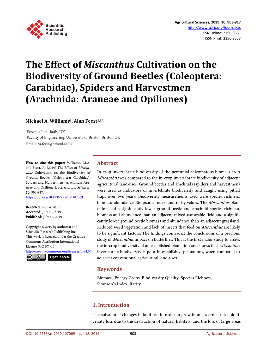 The Effect of Miscanthus Cultivation on the Biodiversity of Ground Beetles (Coleoptera: Carabidae), Spiders and Harvestmen (Arachnida: Araneae and Opiliones)