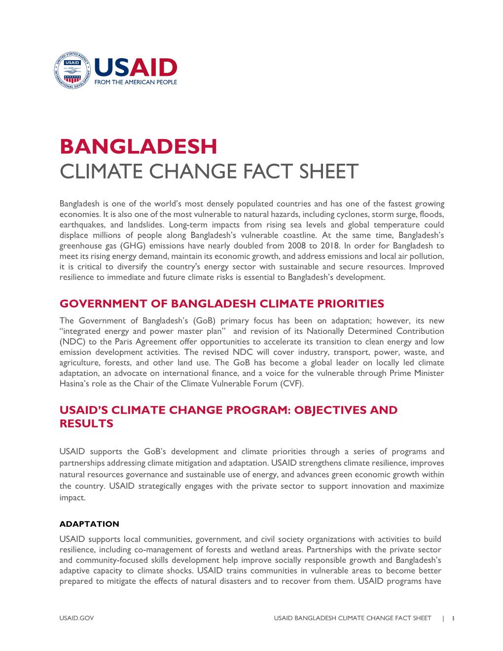 USAID BANGLADESH CLIMATE CHANGE FACT SHEET | 1 Built Cyclone Shelters and Established Early Warning Systems