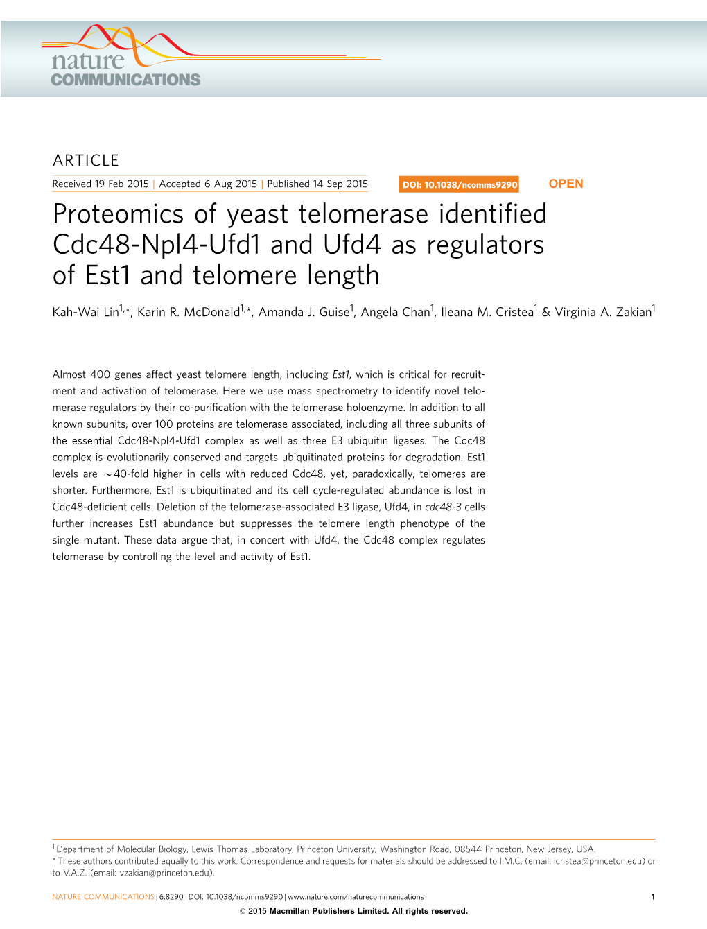 Proteomics of Yeast Telomerase Identified Cdc48-Npl4-Ufd1 And