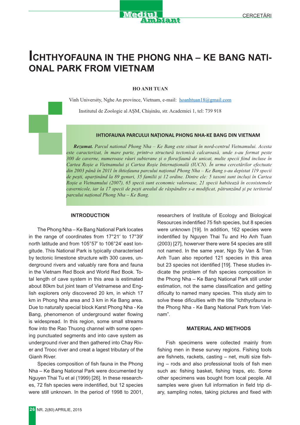 Ichthyofauna in the Phong Nha – Ke Bang Nati- Onal Park from Vietnam