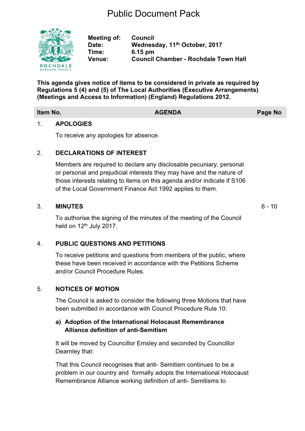 (Public Pack)Agenda Document for Council, 11/10/2017 18:15