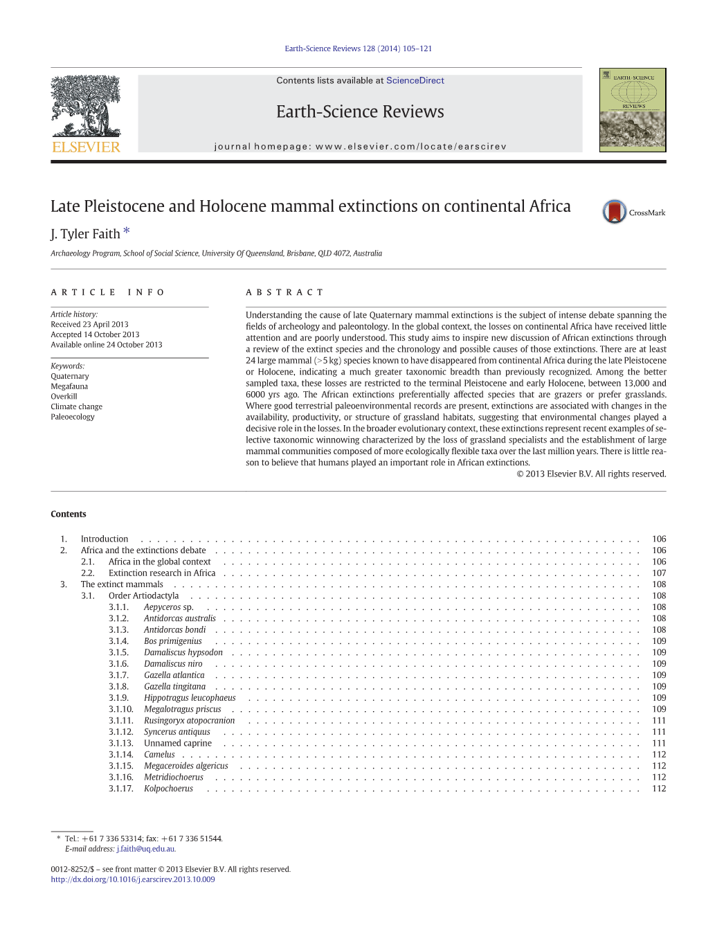 Late Pleistocene and Holocene Mammal Extinctions on Continental Africa