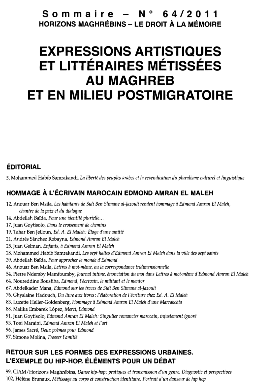 Expressions Artistiques Et Littéraires Métissées Au Maghreb Et En Milieu Postmigratoire