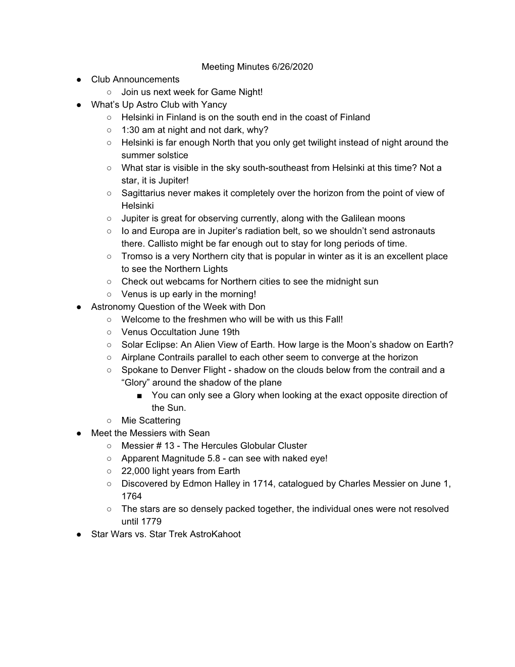 Astronomy Club General Meeting Notes June 26, 2020