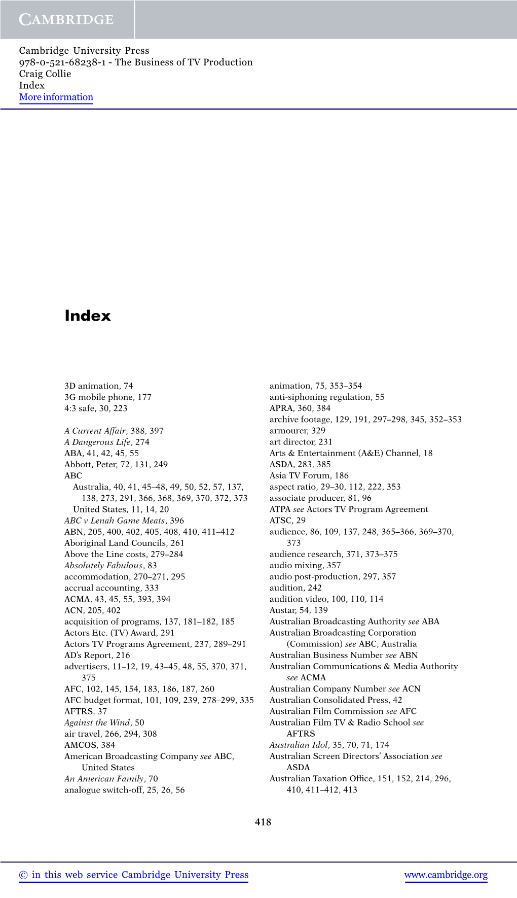 The Business of TV Production Craig Collie Index More Information