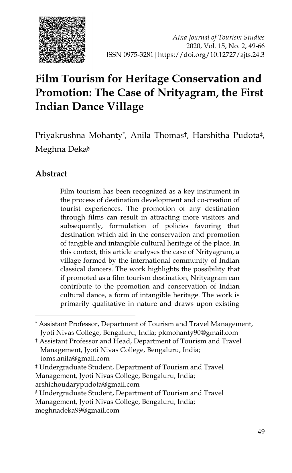 Film Tourism for Heritage Conservation and Promotion: the Case of Nrityagram, the First Indian Dance Village