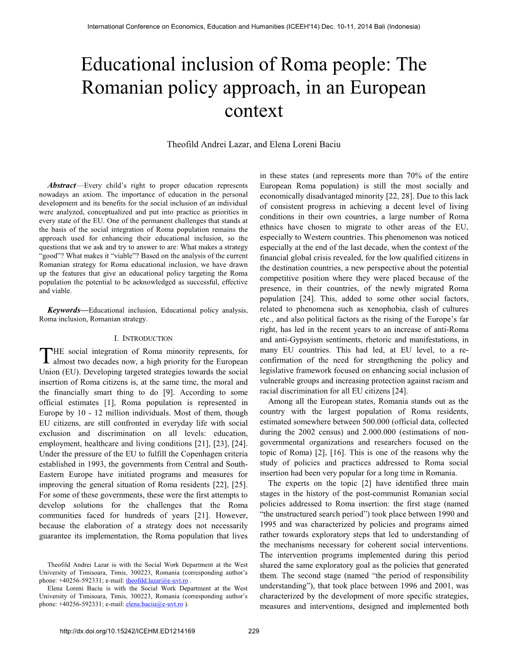 Educational Inclusion of Roma People: the Romanian Policy Approach, in an European Context