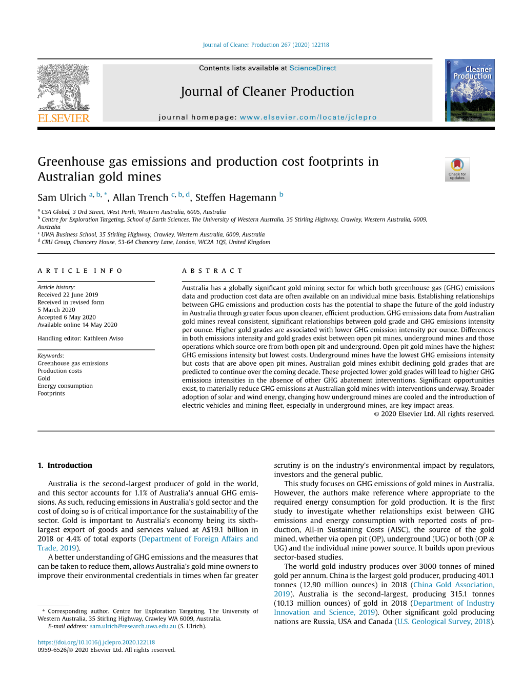 Greenhouse Gas Emissions and Production Cost Footprints in Australian Gold Mines