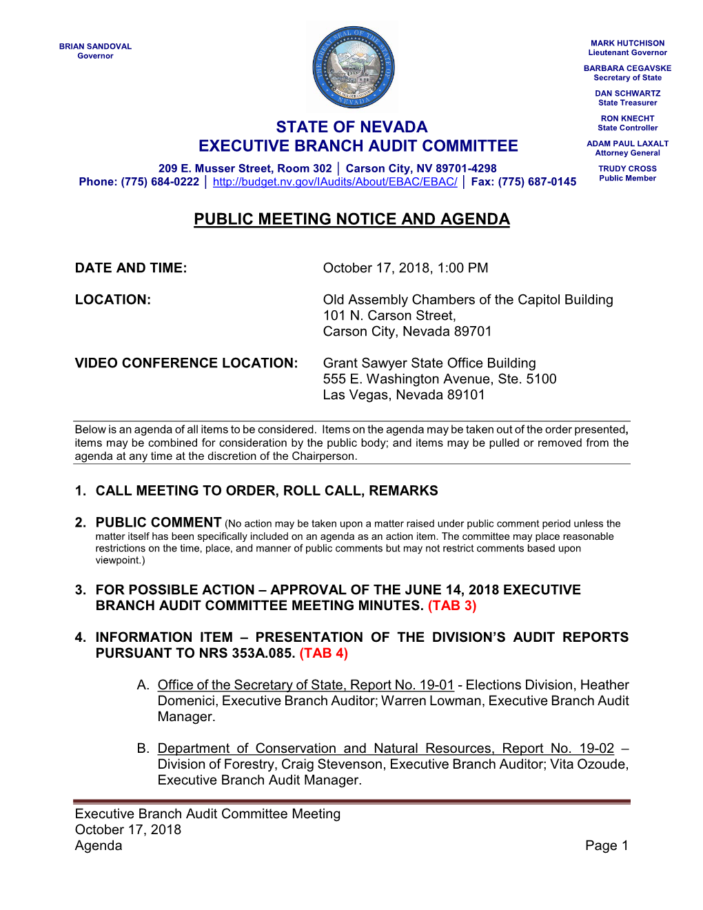 State of Nevada Executive Branch Audit Committee
