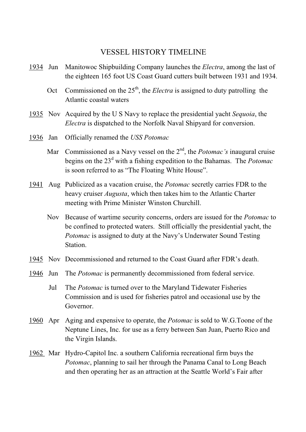 Vessel History Timeline