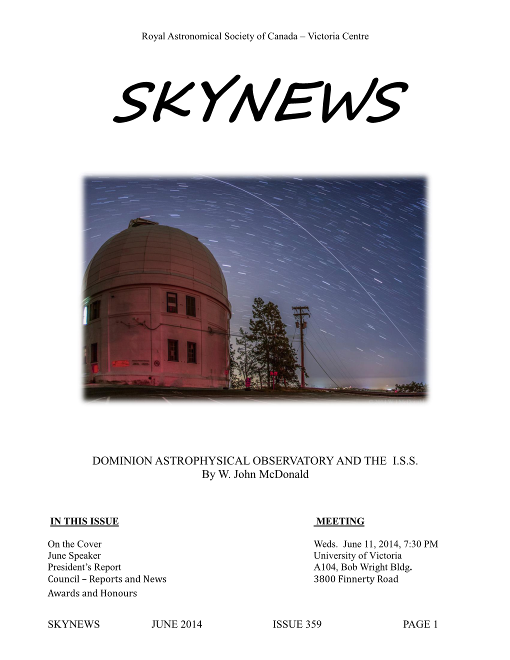 Dominion Astrophysical Observatory and the I.S.S