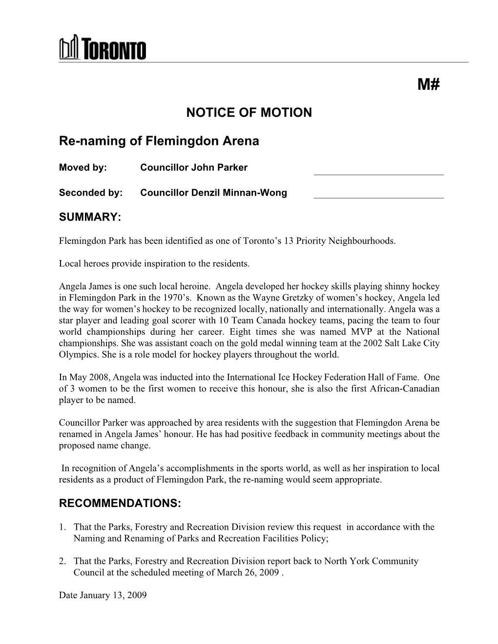 NOTICE of MOTION Re-Naming of Flemingdon Arena