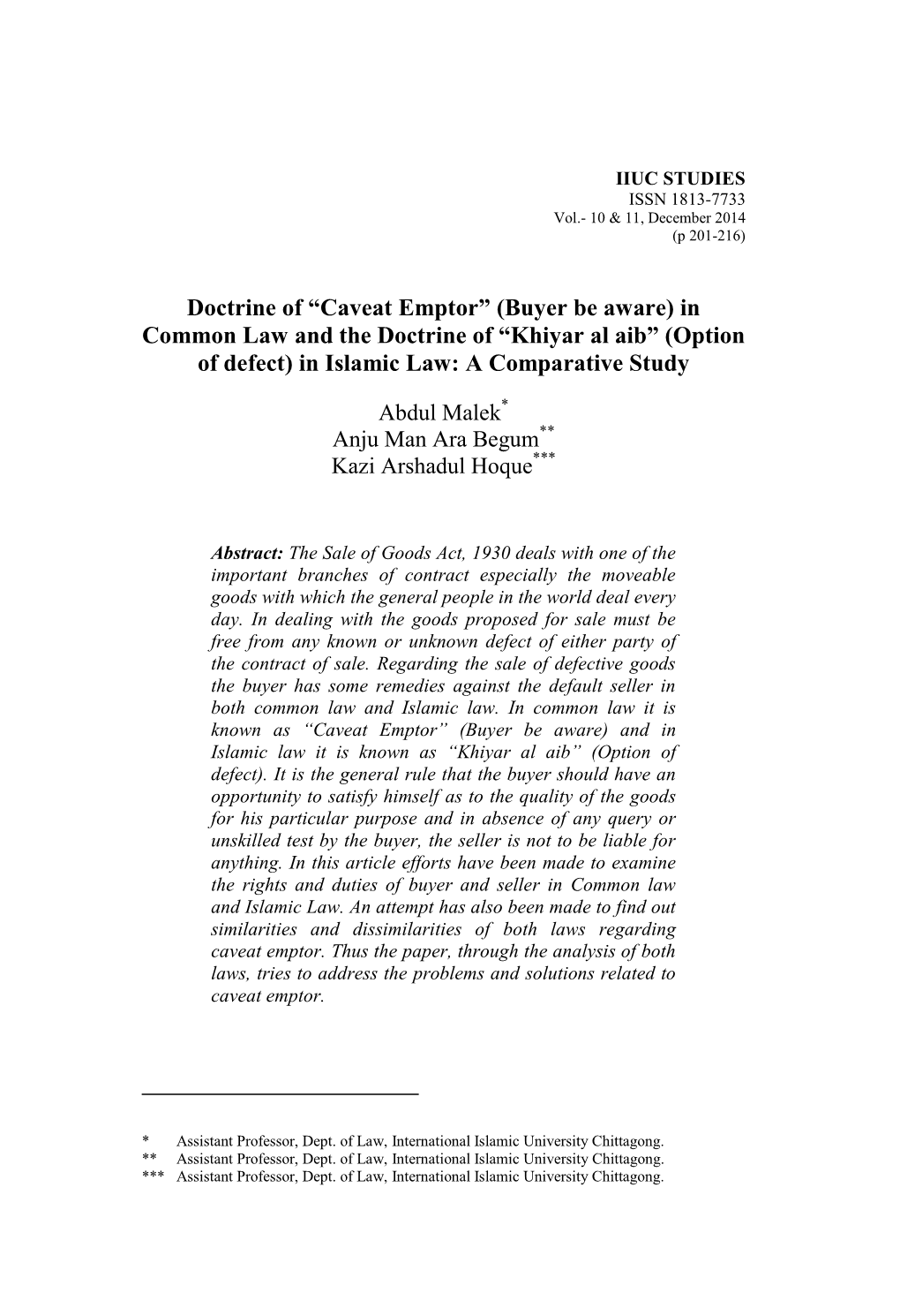 “Caveat Emptor” (Buyer Be Aware) in Common Law and the Doctrine of “Khiyar Al Aib” (Option of Defect) in Islamic Law: a Comparative Study